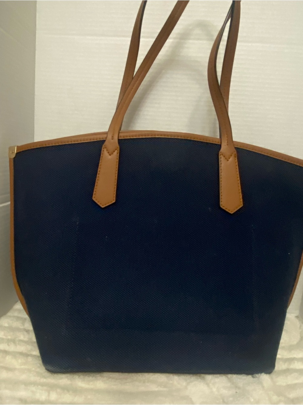 Michael Kors Jane Navy Canvas Tote with Tan Trim and Gold Hardware - Picture 3 of 9
